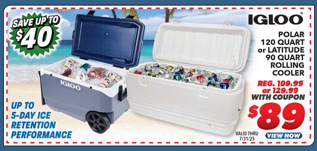 Igloo Polar 120-Qt. Cooler or MaxCold Latitude 90 Quart Rolling Cooler
