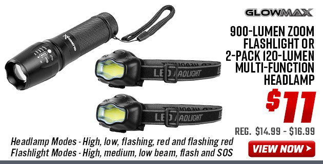 GlowMax 900-Lumen Zoom Flashlight or 2-Pack 120-Lumen Multi-Function Headlamp 