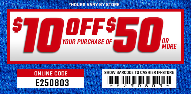 $10 off $50. Exclusions apply. Use code E250803