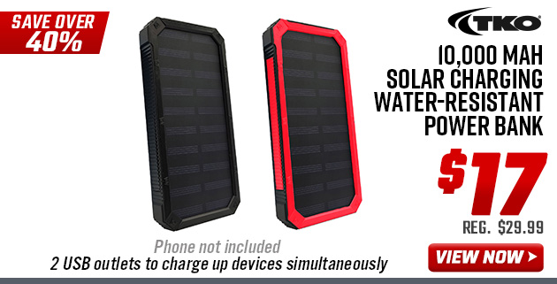 TKO 10,000 mAh Solar Charging Water-Resistant Power Bank
