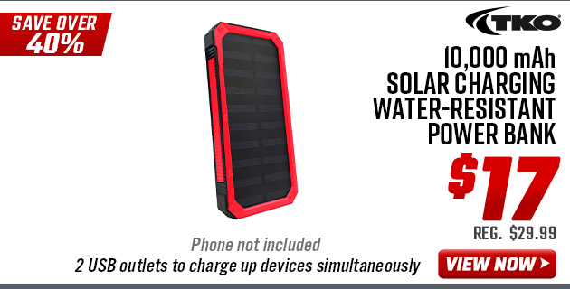 TKO 10,000 mAh Solar Charging Water-Resistant Power Bank