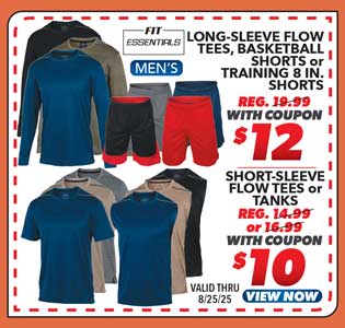Fit Essentials Men's Flow Long-Sleeve Tee, Short-Sleeve Flow Tee, Tank, Basketball Shorts or Training 8 In. Shorts