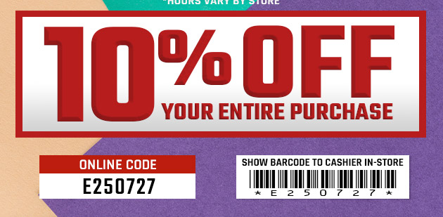 10% Off. Exclusions apply. Use code E250727