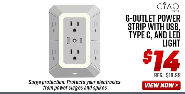 Ciao Tech 6-Outlet Power Strip with USB, Type C, and LED Light