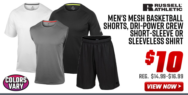 Russell Athletic Men's Mesh Basketball Shorts, Dri-Power Crew Short-Sleeve or Sleeveless Shirt