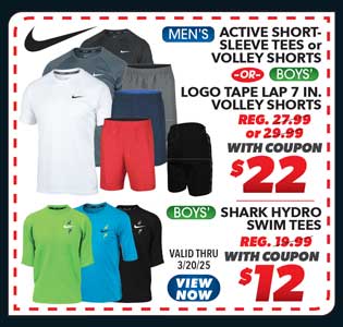 Nike Men's Active Short-Sleeve Shirt, Boys' Shark Hydro Swim Tee or Boys' Logo Tape Lap 7'' Volley Shorts