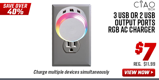 CIAO TECH 3 USB or 2 USB Output Ports RGB AC Charger