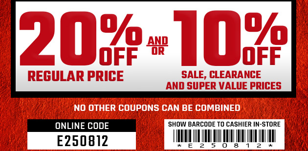 20% Off and or 10% Off. Exclusions apply. Use code E250811