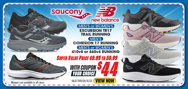 Saucony Men's or Women's Excursion TR17 Trail Running Shoes, Men's Cohesion 17 Running Shoes or New Balance Men's or Women's 410v8 or 46v4 Running Shoes