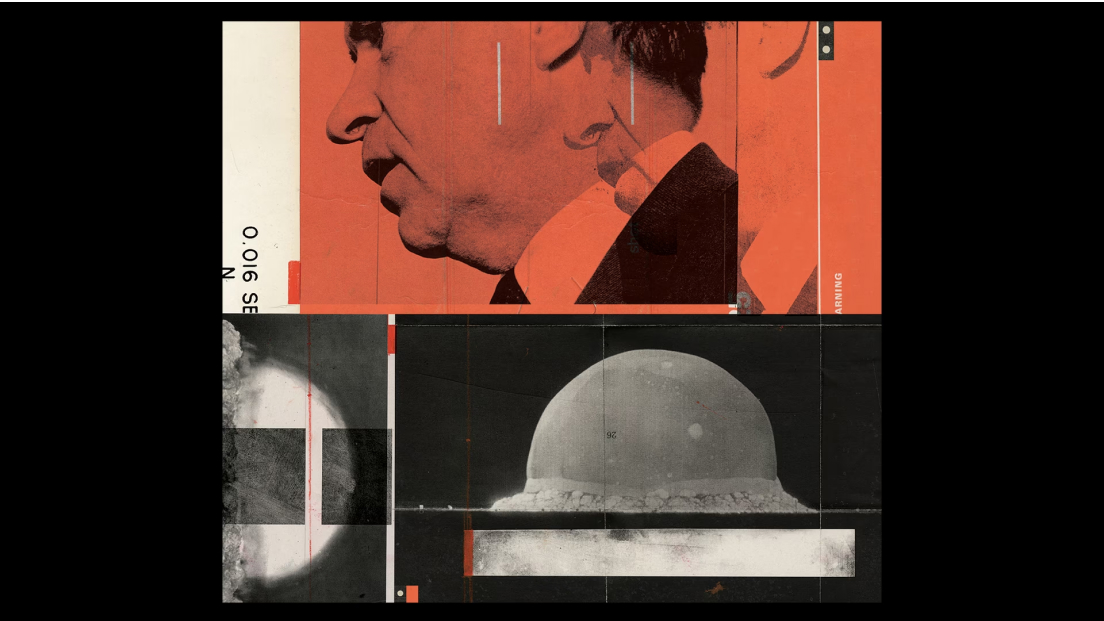 A photo collage in red, white, and black showing Richard Nixon in side profile and explosions