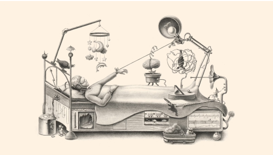 A black-and-white pencil-like illustration of a person in a bed surrounded by a number of gadgets meant to induce sleep: an eye mask, a helmet, a plant, a mobile, a brain-wave scanner.