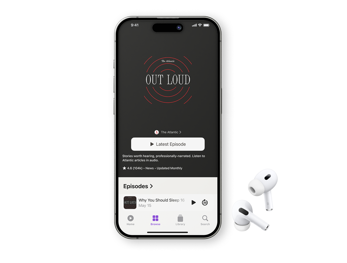 iPhone with The Atlantic Out Loud playing on it