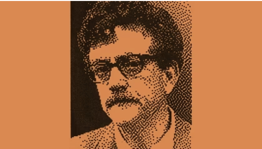 A black stipple portrait of Kurt Vonnegut, over a light-brown background.
