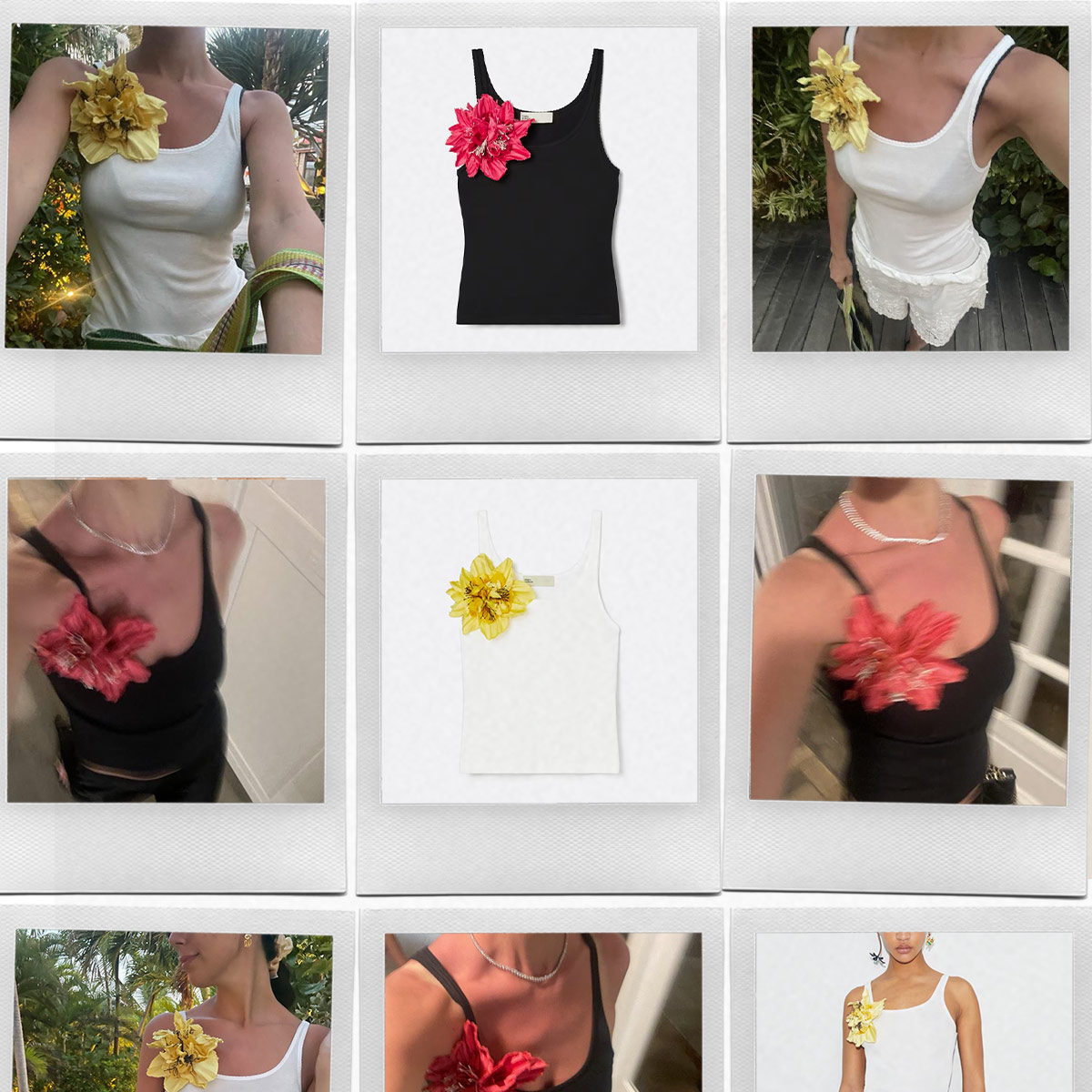 Collage of Tory Burch floral brooch tank top