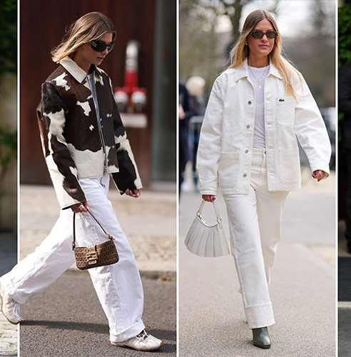 street style collage of white jeans