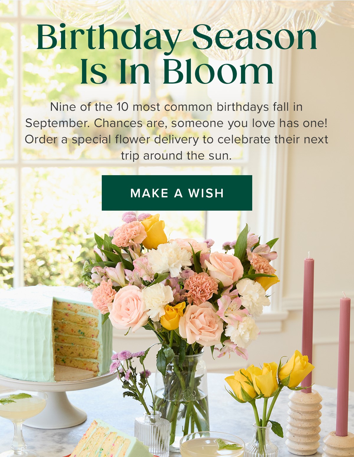 Birthday Season Is In Bloom. Nine of the 10 most common birthdays fall in September. Chances are, someone you love has one! Order a special flower delivery to celebrate their next trip around the sun. Make a Wish