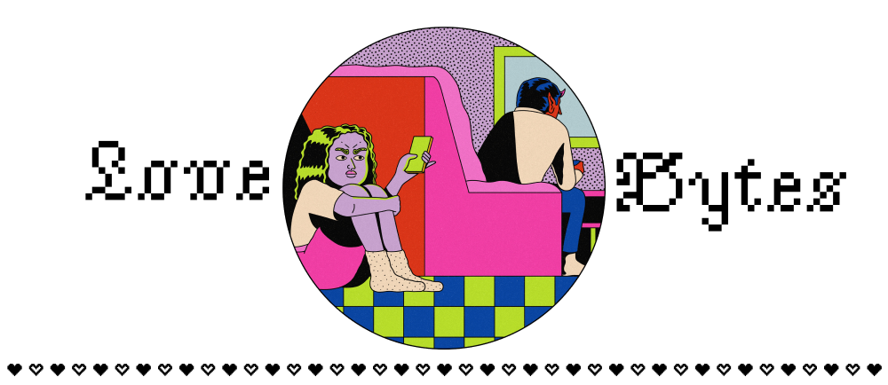 Love Bytes, illustration of a girl sitting on the floor behind a couch, on her phone.