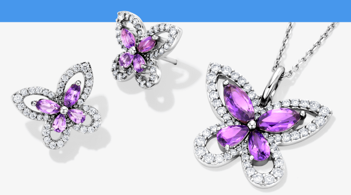 Amethyst & White Lab-Created Sapphire Butterfly Necklace & Stud Earrings Gift Set Sterling Silver
