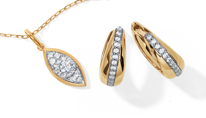 Examples of a ring, necklace, and earrings from Studio by KAY
