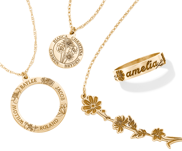 Examples of personalized fashion jewelry, including necklaces and a ring