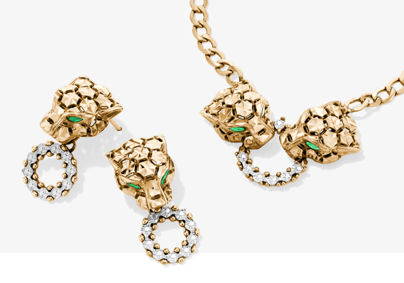 Italian Brilliance Panther 14K two-tone gold dangle earrings and necklace