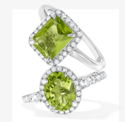 Two examples of peridot diamond rings, one round and the other emerald cut
