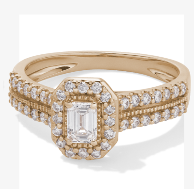 Now + Forever Lab-Grown Diamonds Emerald-Cut Halo Engagement Ring 3/4 ct tw 14K Yellow Gold