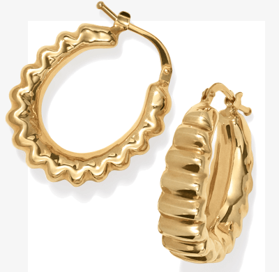 Ribbed Tapered Hoop Earrings Hollow 14K Yellow Gold