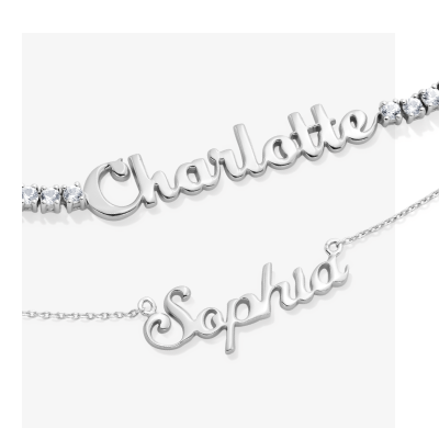 Two examples of personalized nameplate jewelry