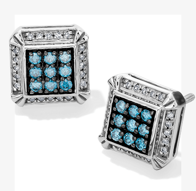Men's White & Blue Multi-Diamond Square Stud Earrings 1/3 ct tw Sterling Silver