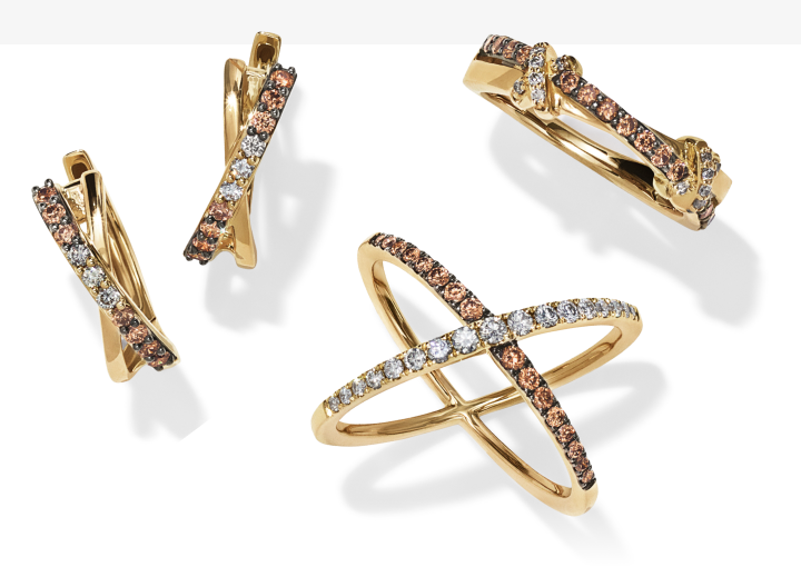 Two rings and a pair of earrings from the Le Vian Kiss 25 Collection
