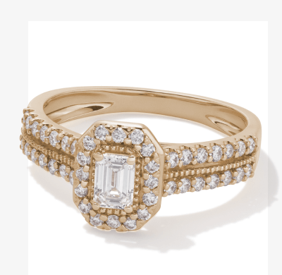 Now + Forever Lab-Grown Diamonds Emerald-Cut Halo Engagement Ring 3/4 ct tw 14K Yellow Gold