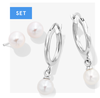 Cultured Pearl Dangle Hoop & Stud Earrings Set Sterling Silver