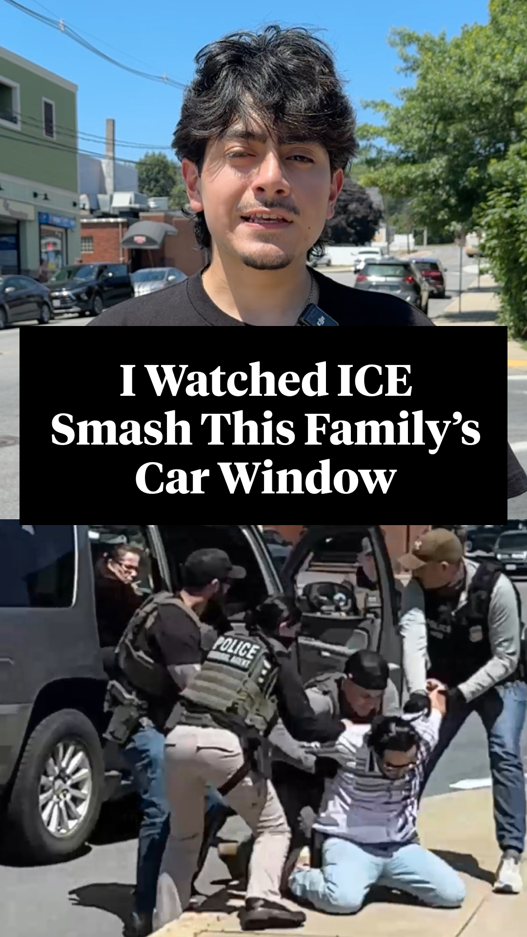 A photograph of a man being arrested by ICE on the sidewalk outside of a car. 