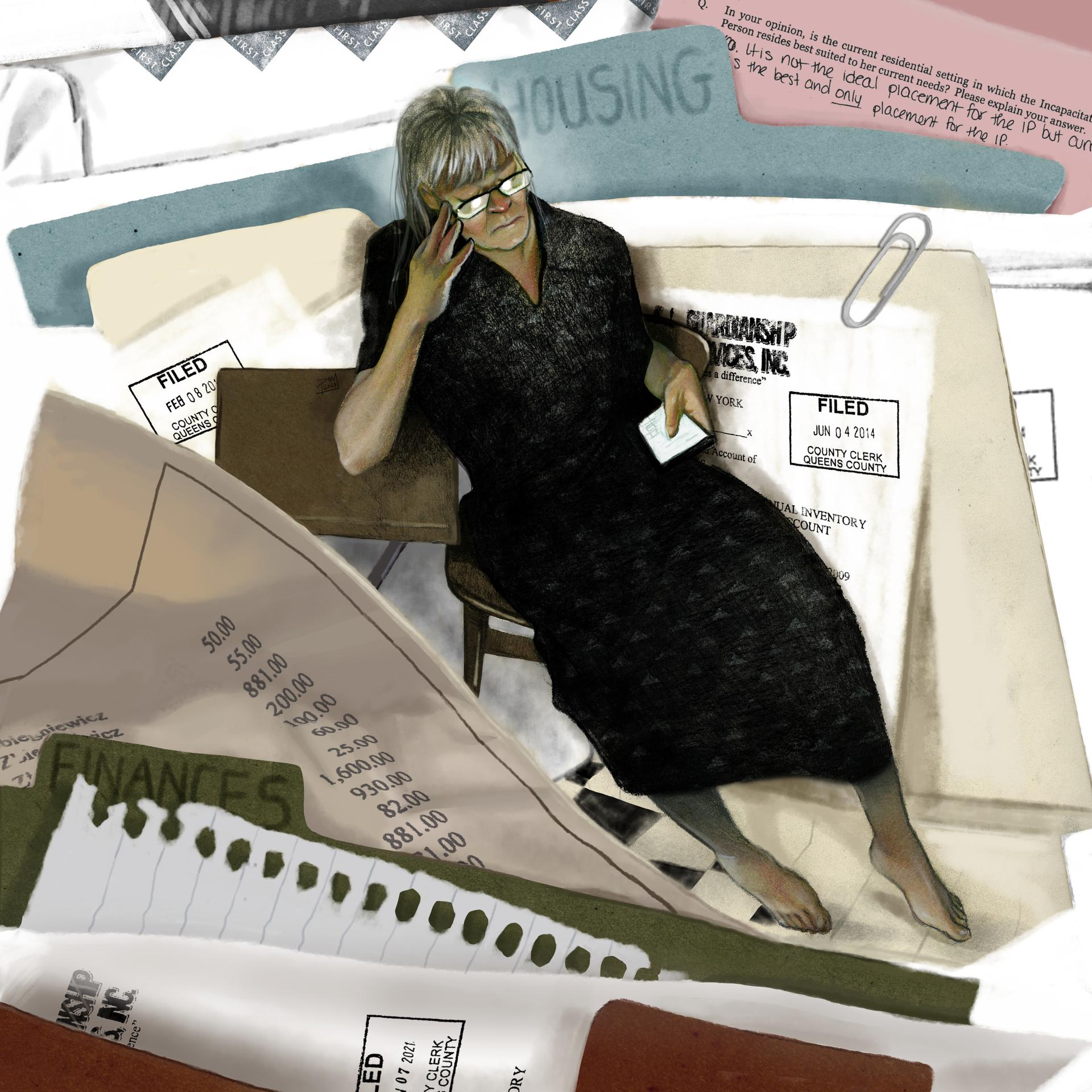 Photo illustration of person holding phone in front of folders labeled: housing, finances, etc.