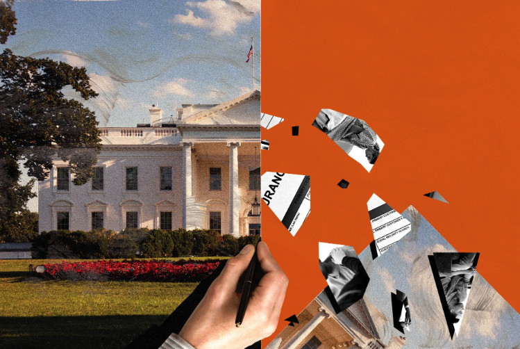 Photo illustration shows an image of the white house half cut up