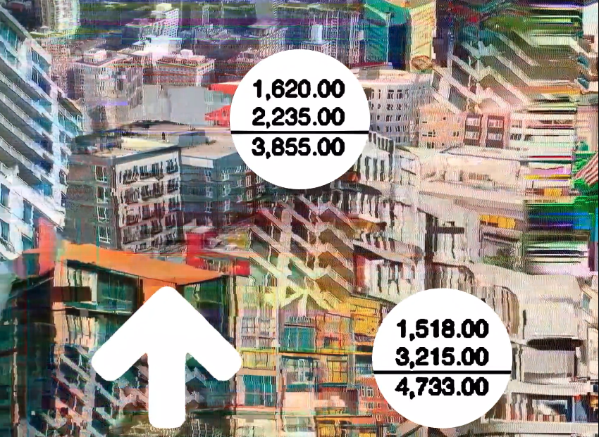 Photo illustration of technicolor apartment buildings with up arrows and numbers