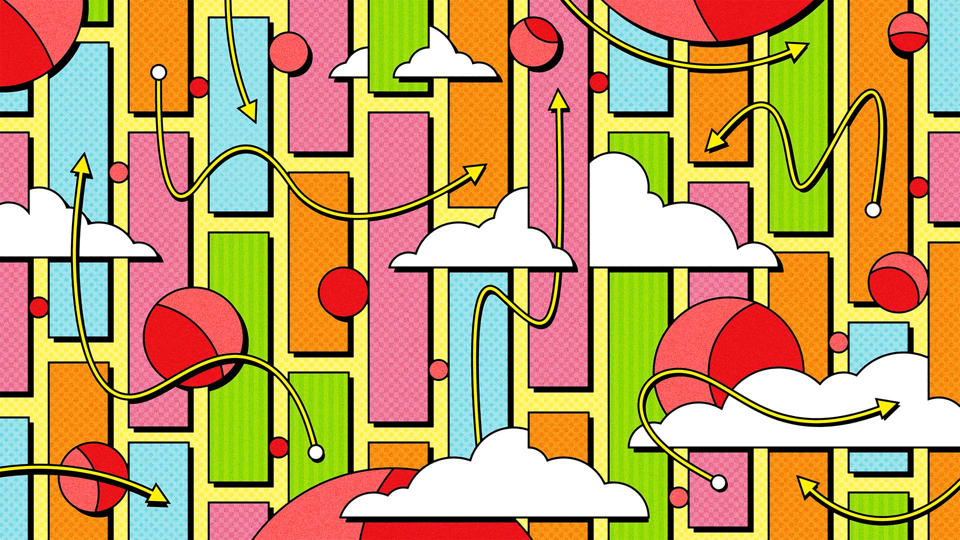A vibrant pop-art style illustration featuring vertical rectangles in green, orange, pink, and blue with dotted textures. White clouds and red spheres are scattered throughout, while yellow arrows with black outlines curve and point in various directions, creating a dynamic sense of movement.