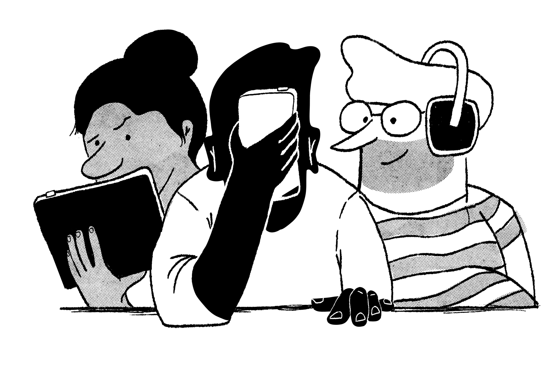 Three people with devices