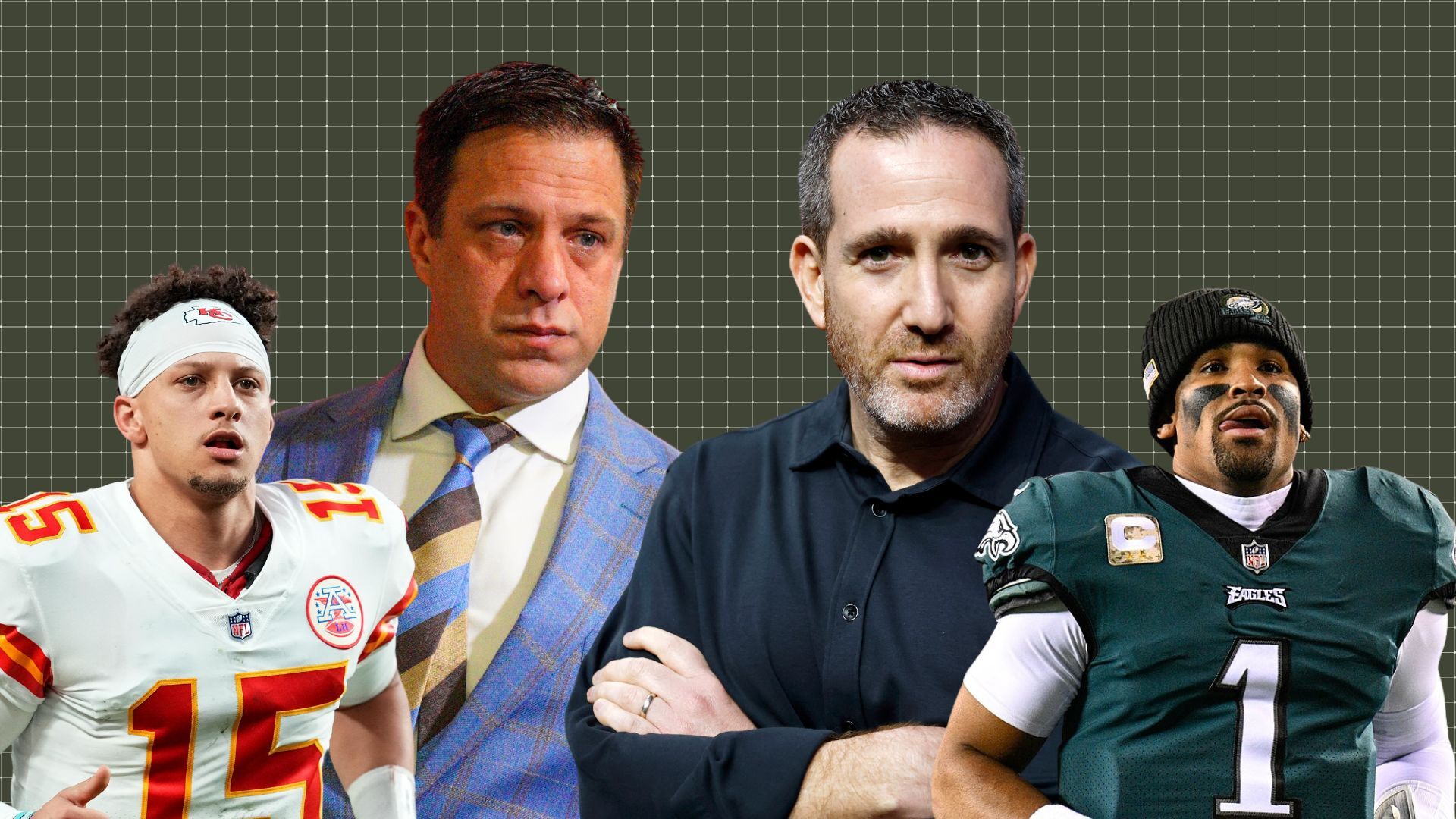 Patrick Mahomes, Brett Veach, Howie Roseman, Jalen Hurts.