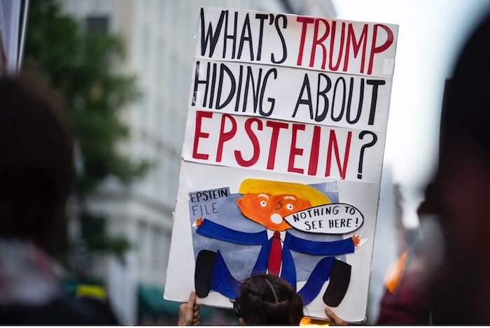 An anti-Trump demonstrator at a protest in Washington, DC, on Thursday. Allison Bailey/NurPhoto via AP