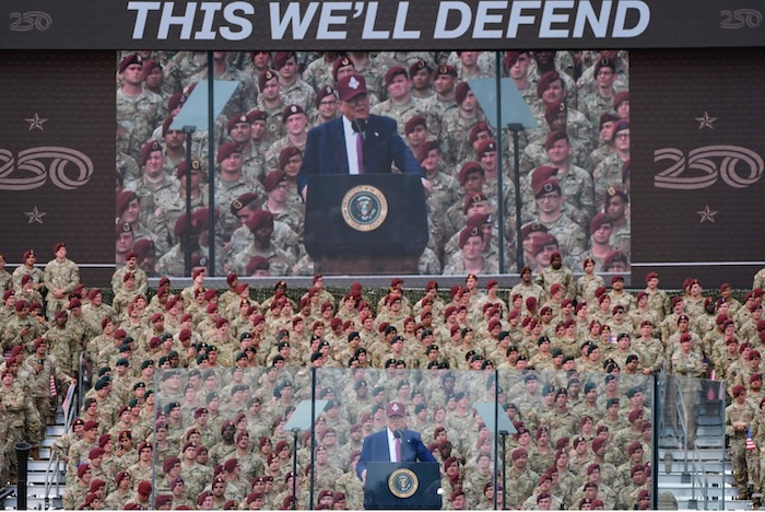President Donald Trump speaking at Fort Bragg on Tuesday. Alex Brandon/AP