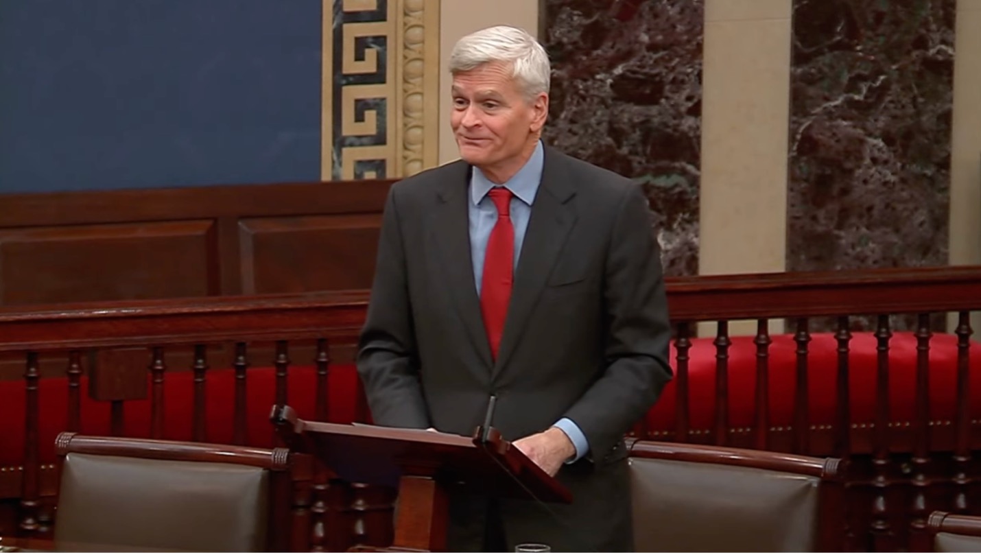 Sen. Bill Cassidy (R-La.) speaking on the Senate floor on February 4 to defend his vote to confirm Robert F. Kennedy Jr. as health and human services secretary. 
