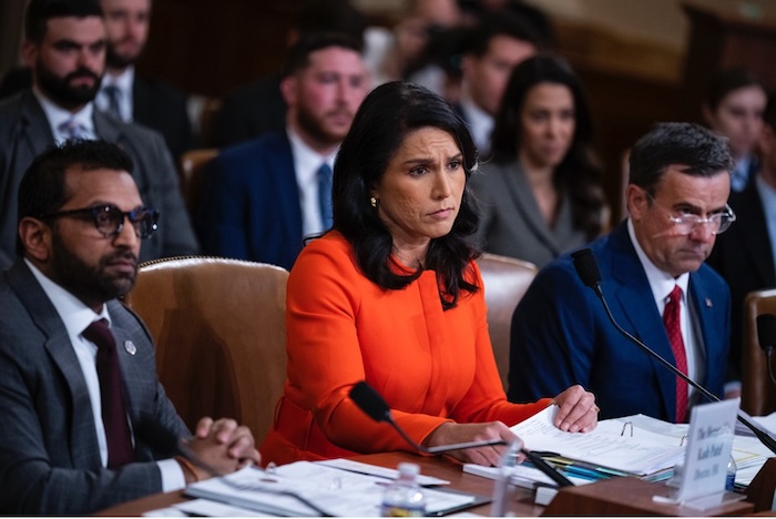 Director of National Intelligence Tulsi Gabbard, with FBI Director Kash Patel and CIA Director John Ratcliffe, testifying to Congress on March 26. Tom Williams/CQ Roll Call via AP