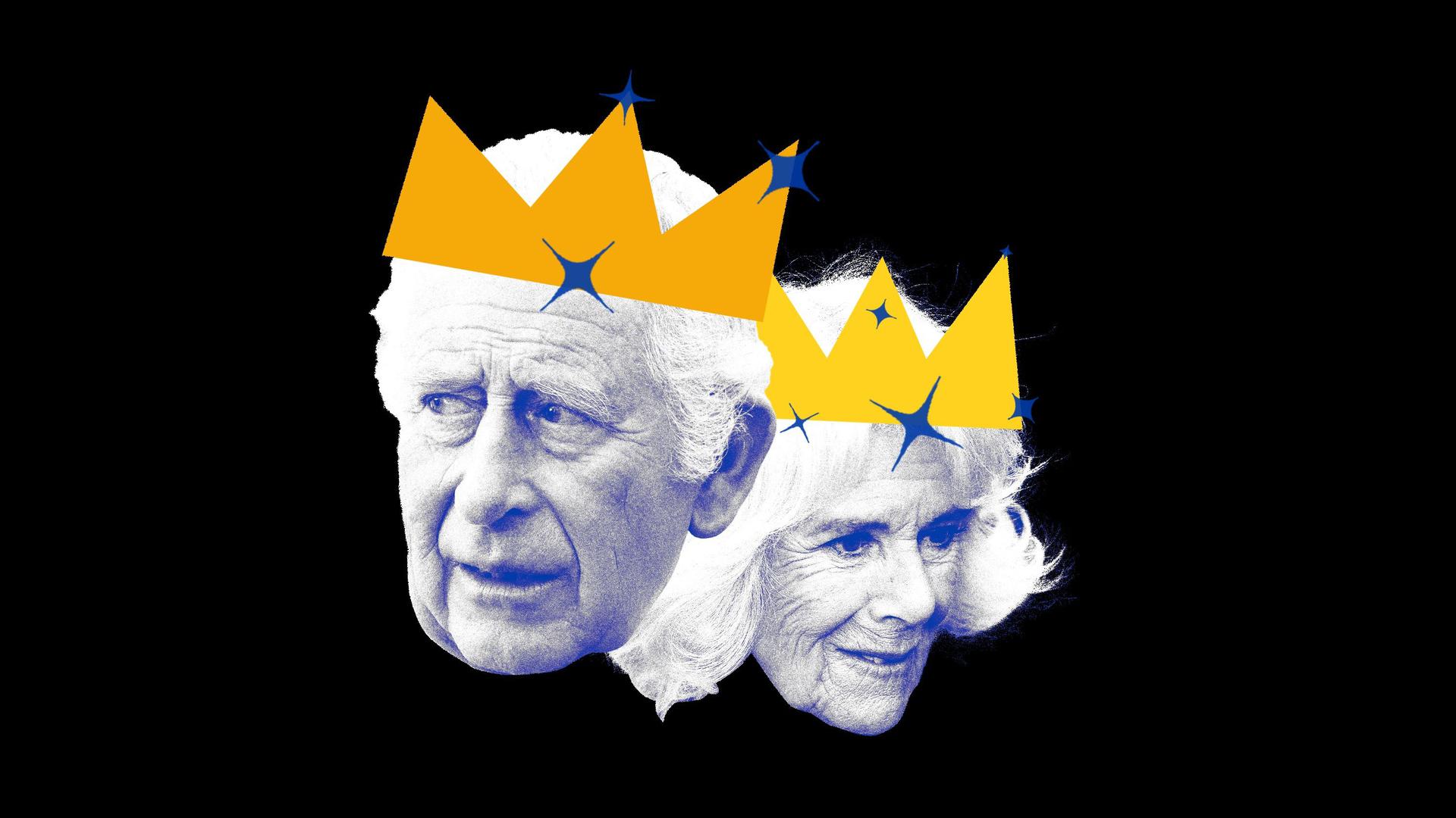 Greyscale headshots of King Charles and Queen Camilla appear adorned with  with sparkly, but simple, three-point crowns 