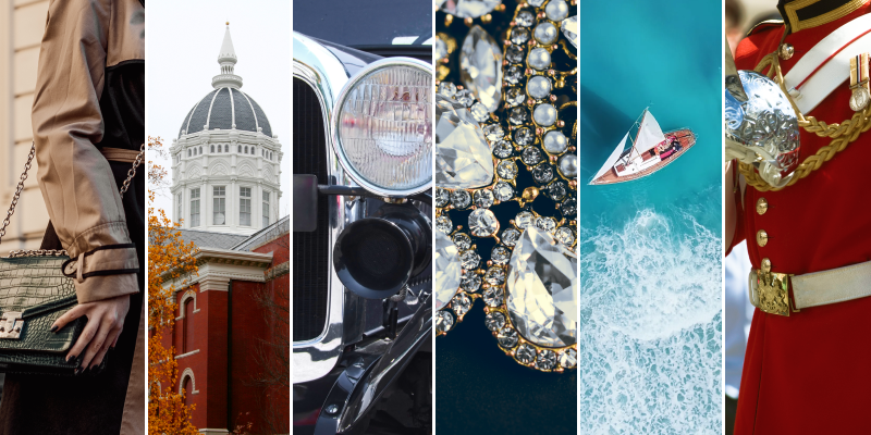 collage of images showcasing fashion, old architecture, old fashioned car, jewelry, a sailboat on the ocean, and Royal coverage