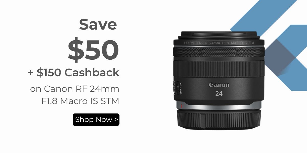 Save $50 + $150 cashback on Canon RF 24mm F1.8 Macro IS STM