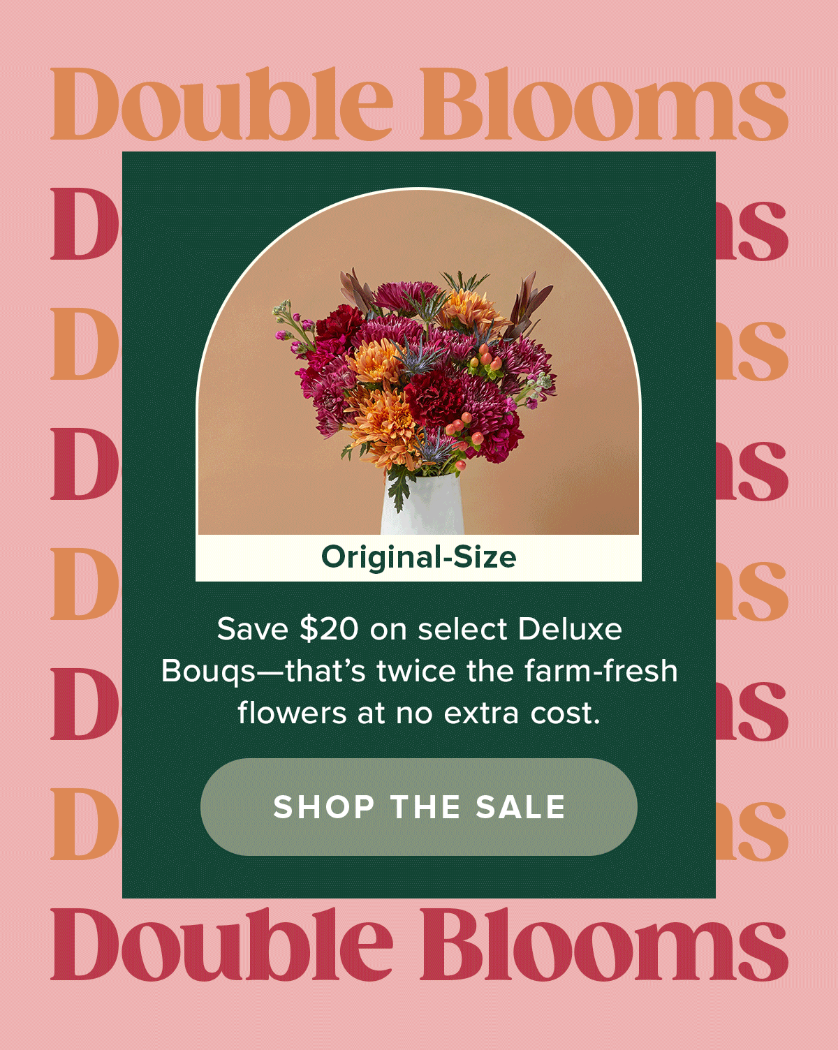 Double Blooms | Save $20 on select Deluxe Bouqs—that's twice the farm-fresh flowers at no extra cost.
