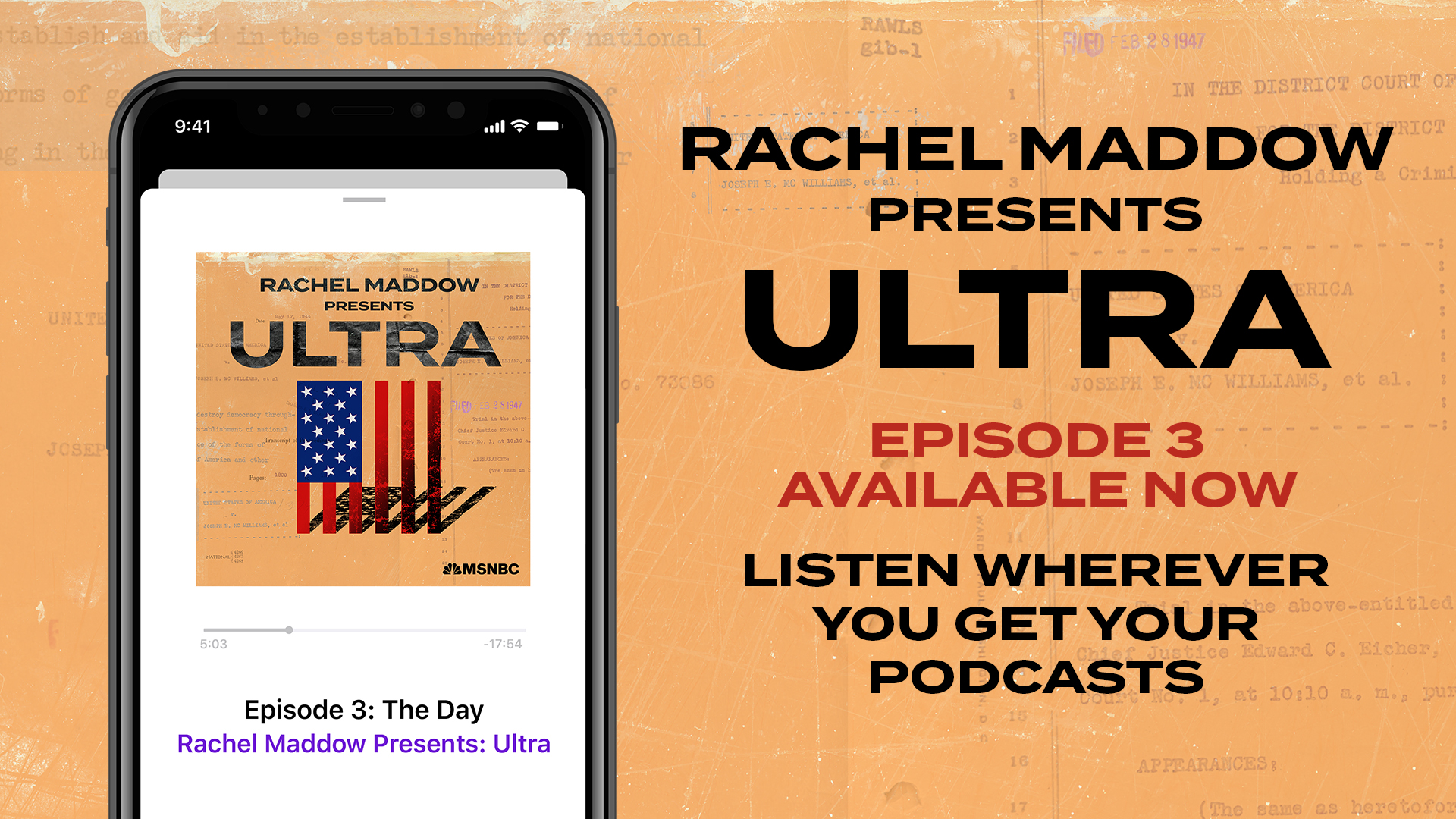 A graphic of Rachel Maddow Presents: Ultra on a cell phone