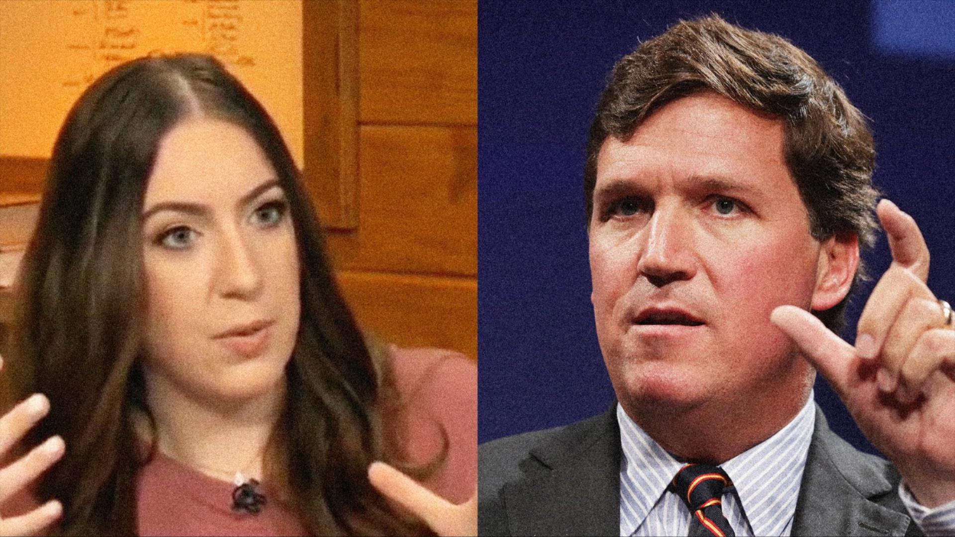 A split photo of Chaya Raichik and Tucker Carlson